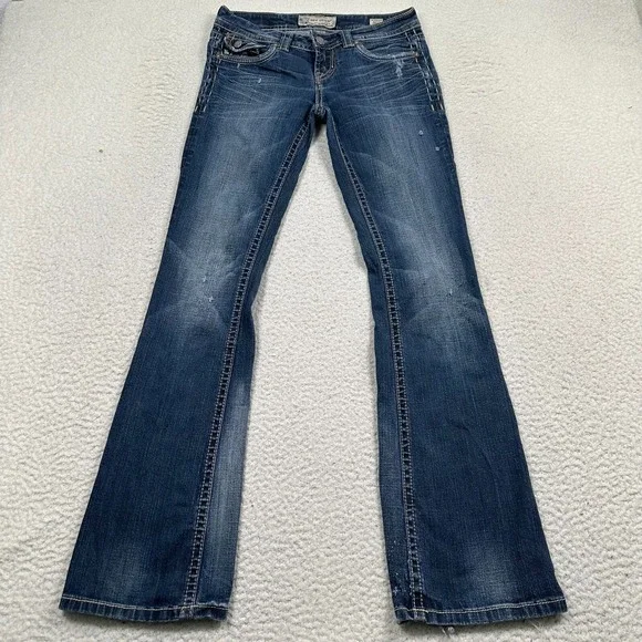 Mek Denim Jeans Womens 27x34 Oldham Bootcut Distressed Flap Pockets Stretch Blue - Picture 1 of 13